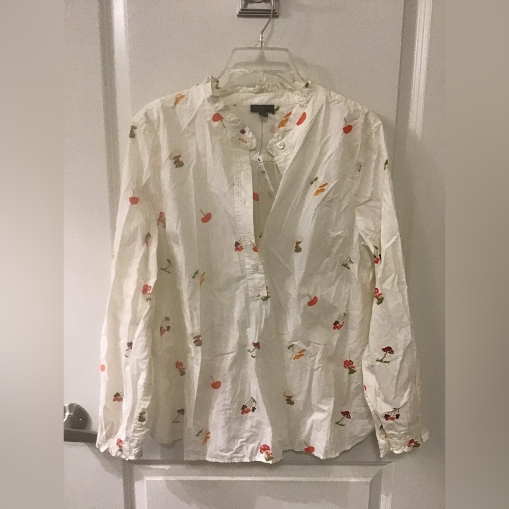 White Button Popover Top with Mushroom Print